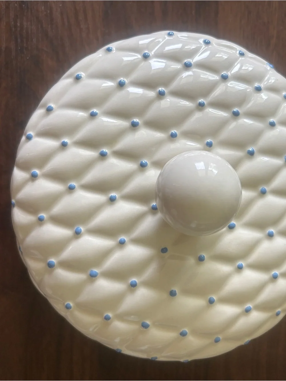 White Ceramic Lidded Jar with Light Blue Dot Detail
